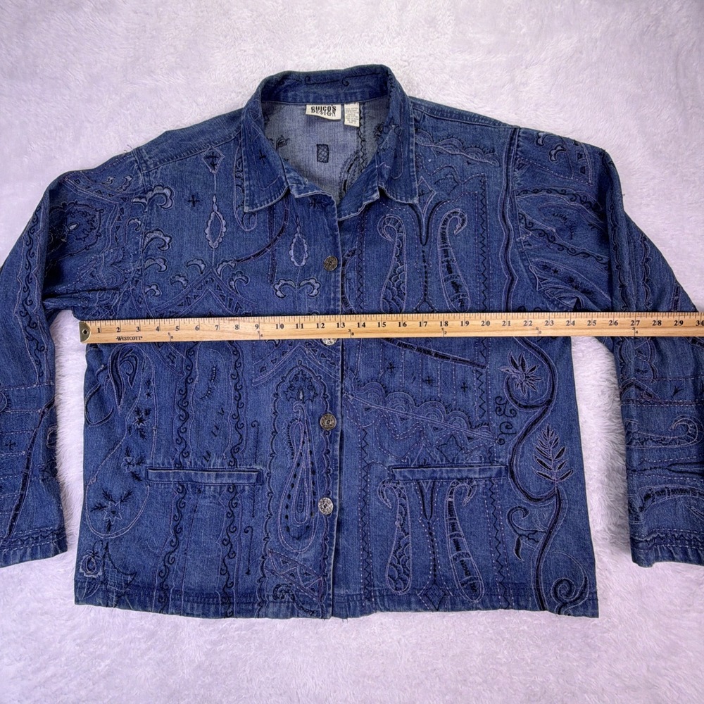 Vintage Chico Design Denim Jacket Embroidered Art 100%‎ Cotton Buttons Pockets - Picture 5 of 11
